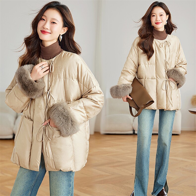 狐狸毛复古风提花羽绒服女2024新款冬季白鸭绒高级感新中式外套，女装羽绒服，浙宝281