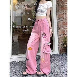 美式vibe复古卡通刺绣粉色工装牛仔裤女高街设计感宽松直筒阔腿裤图片
