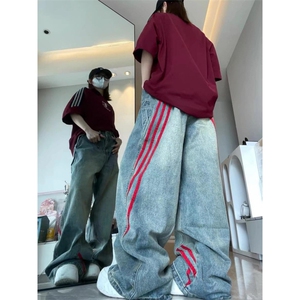 【有货】三条杠条纹牛仔裤男宽松直筒美式复古裤子G8512CC-特P55