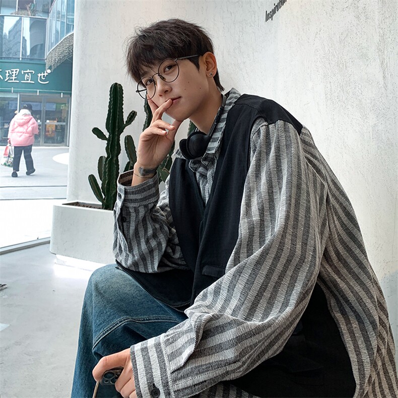 8XL-M特大码衬衫男假两件拼接衬衫新中式坎肩马甲外穿CS508TP68，男装衬衫，电商D206-1