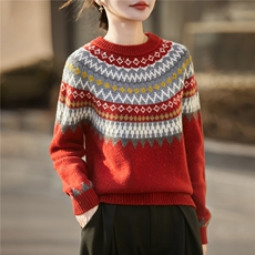 2025年秋季时尚百搭通勤简约休闲费尔岛圆领长袖，女装羊毛衫，暖烁羊绒