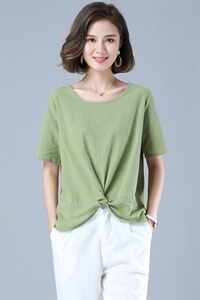 2025年夏季修身圆领不规则短袖纯色休闲宽松优雅简约时尚大方，女装衬衫，风姿绰
