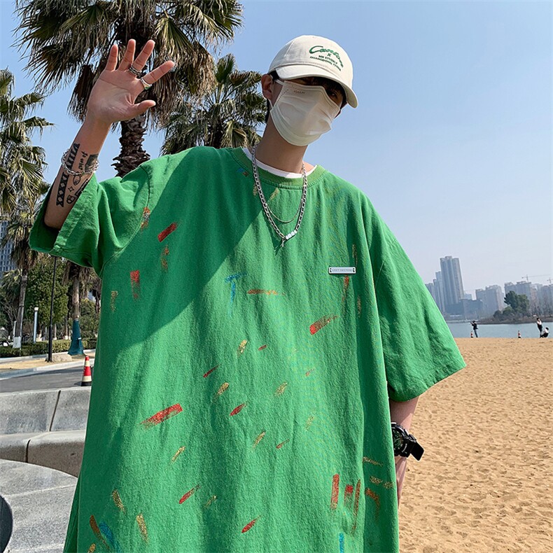T10-P38美式复古水洗泼墨烫金纯棉五分袖,男装T恤,星座1501-1