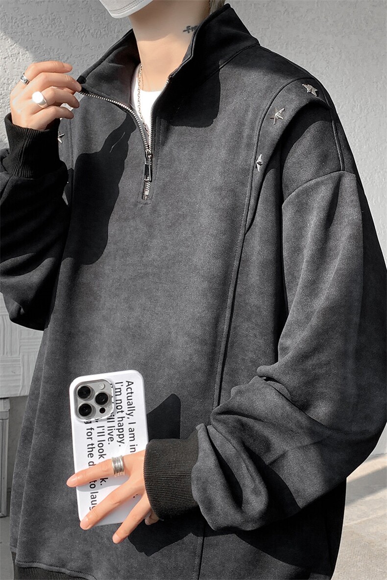 现货新款设计星星铆钉拉链立领休闲春款卫衣高街立领卫衣特P49,男装卫衣,电商B319