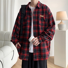 大码现货美式加厚秋冬毛呢格子纹衬衫男女上衣225-2-CS708-P58，男装衬衫，星座225-2