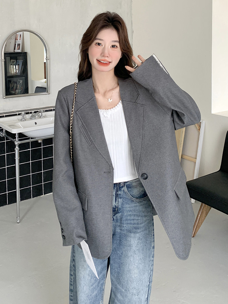 灰色休闲西装外套女2025春季新款韩系高级感宽松显瘦通勤时尚西服,女装西装,秋水欣儿