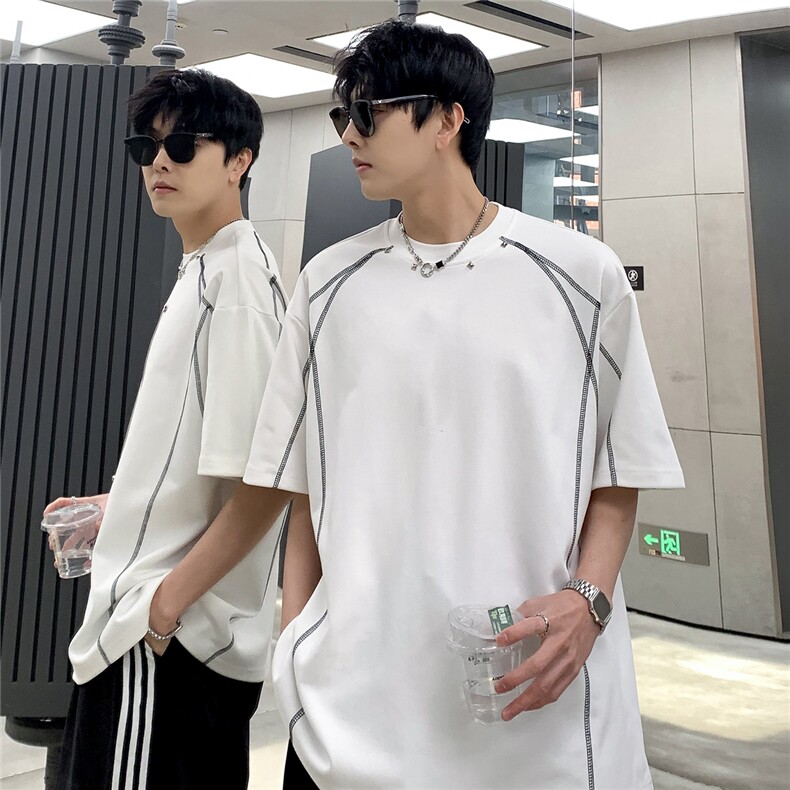 现货美式复古线条设计感短袖夏季圆领金属装饰T恤T802-P38，男装T恤，电商C307A