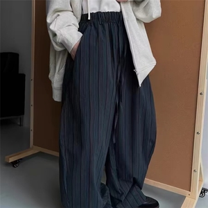 现货竖条纹弯刀阔腿香蕉裤松弛感穿搭慵懒风复古休闲拖地裤 网图图片