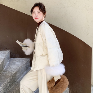 新中式人丝提花羽绒服女冬季欧货高端狐狸毛袖口90白鸭绒保暖外套图片