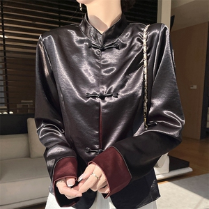 2025春季新款中式国风立领唐装休闲外套女洋气盘扣时尚缎面上衣新图片