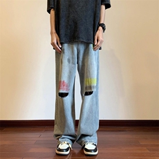 美式破洞牛仔裤男手绘个性高街帅气2023夏季ins宽松长裤RK597-P45，男装牛仔裤，星座412-3