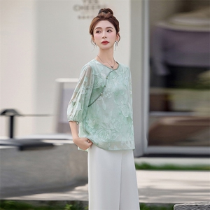 新中式上衣女2025夏季新款中袖国风高端印花遮肉年轻大码薄款衬衫图片