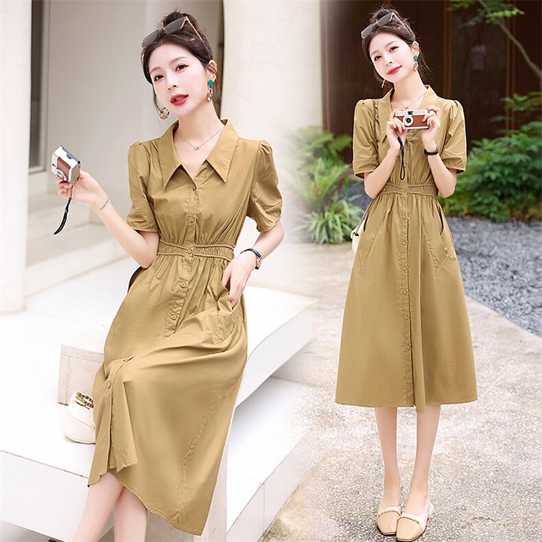 欧洲站2025年夏季新款女配腰带纯色衬衫领短袖气质显瘦时尚连衣裙，女装连衣裙，意芙