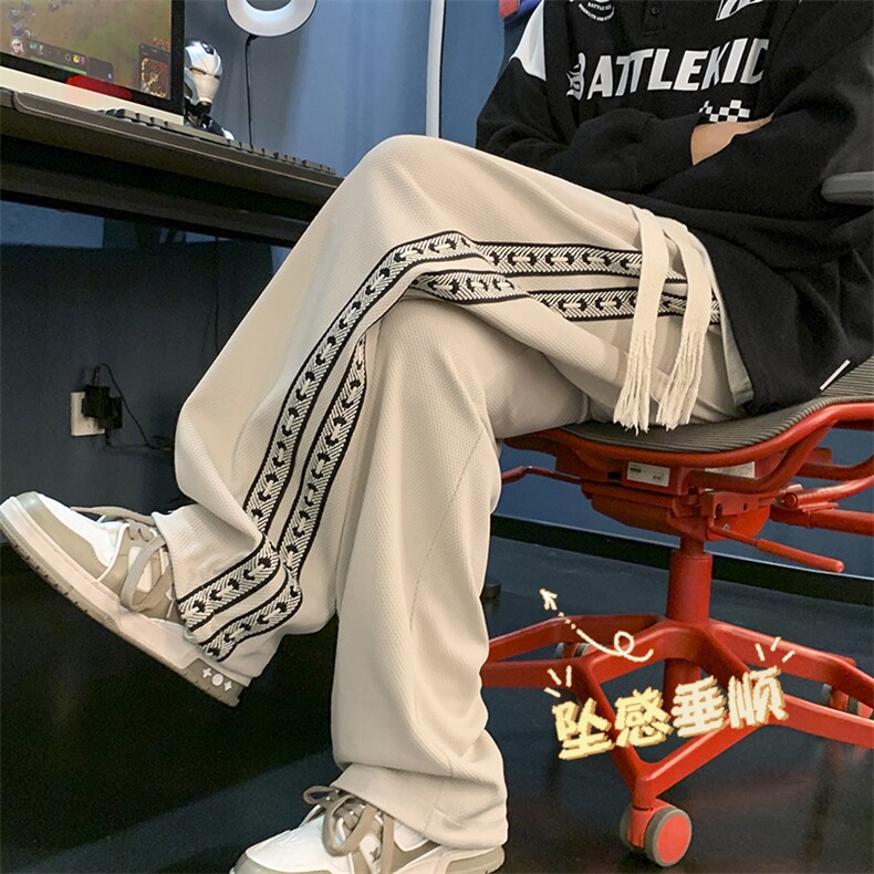 垂感条纹休闲裤子男士春秋港风直筒阔腿卫裤运动长裤K910-特批40图片