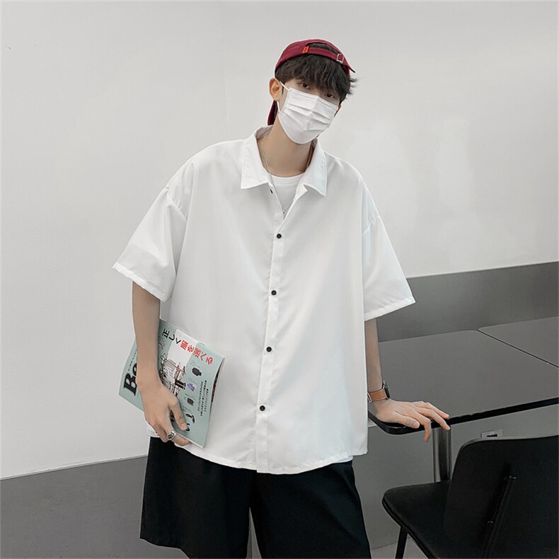 2025夏装纯色痞帅短袖燕尾衬衫男宽松冰丝衬衣C303P30,男装T恤,电商C323
