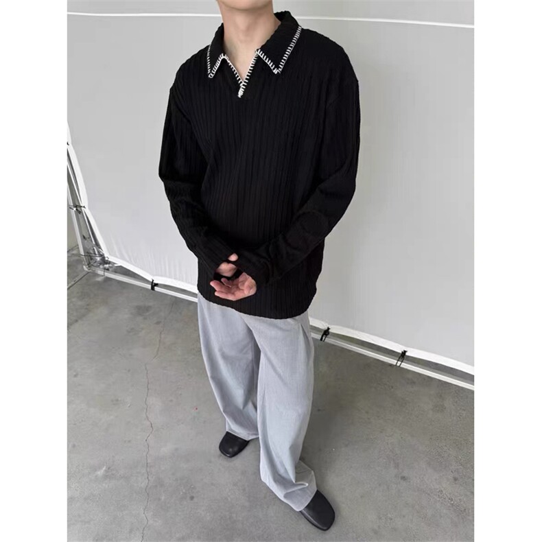 网图有货 手缝线麦穗纹 针织亨利领长袖T恤男女 A850-P38图片