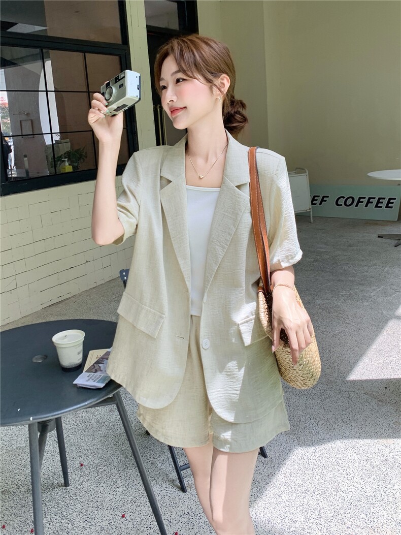 盐系休闲短袖西装短裤套装女夏季2025新款爆款高级感小个子两件套,女装套装/套裙,蝶眷