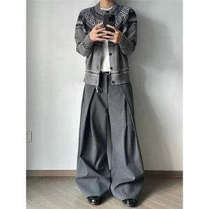 灰色老钱风费尔岛提花针织衬衫男早秋美式复古高级感毛衣开衫外套图片