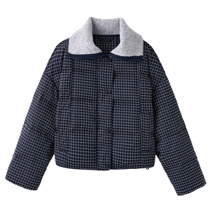 学院风格子羽绒服女2025冬新款短款翻领宽松外套加厚白鸭绒面包服图片