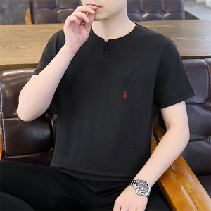 2025夏季棉麻透气清凉男士风盘扣短袖休闲T恤上衣 XF9802-P50图片