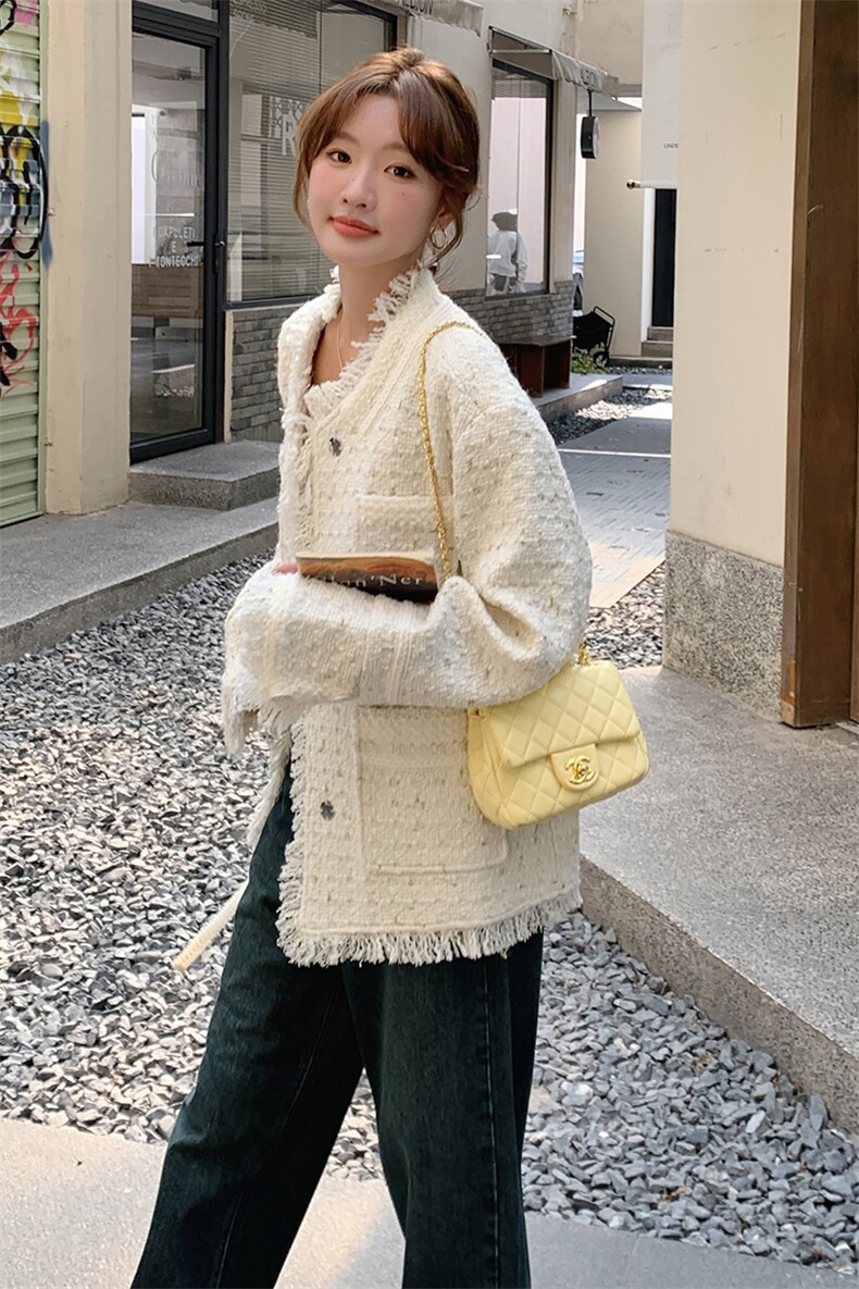 米白色小香风外套女秋冬2024新款法式名媛高级感毛边流苏百搭上衣,女装短外套,2C372