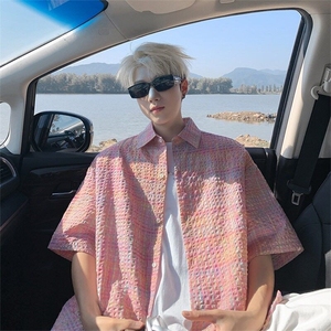 美式格纹泡泡纱短袖衬衫男夏季潮牌设计感宽松情侣款防晒衬衣外套图片