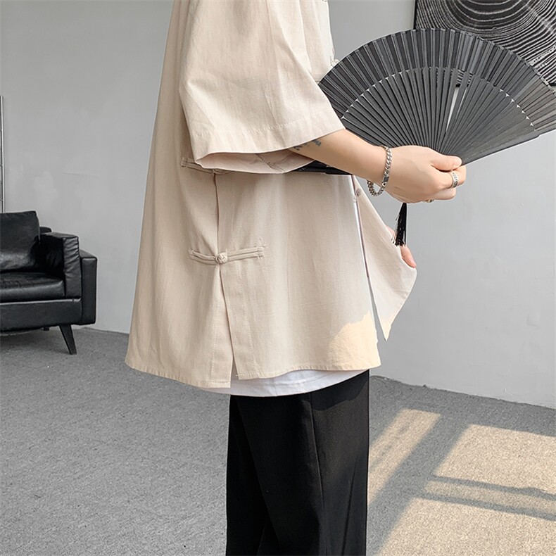 CS7122-P45特控78大码凉爽新中式侧面开衩盘扣复古衬衫外套,男装衬衫,电商D232