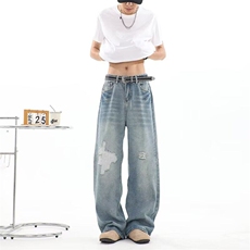 破洞牛仔裤男女韩版潮流高街帅气百搭2025夏季ins长裤RK2774-P49，男装牛仔裤，星座412-2