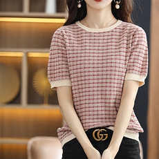 时尚拼色圆领短袖针织衫修身显瘦百搭毛衣，女装针织衫/毛衣，凝珊羊绒