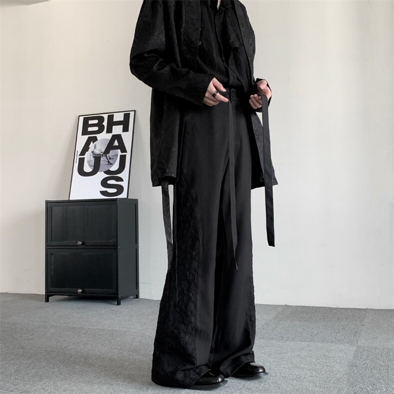 秋季暗黑复古拼接设计山本风绑带垂感高级微喇叭西裤新中式拖地裤,男装西裤,星座909
