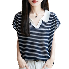 撞色翻领条纹针织小飞袖T恤女2025夏薄款显瘦Polo领短袖T恤衫上衣，女装T恤，菲奥羊绒