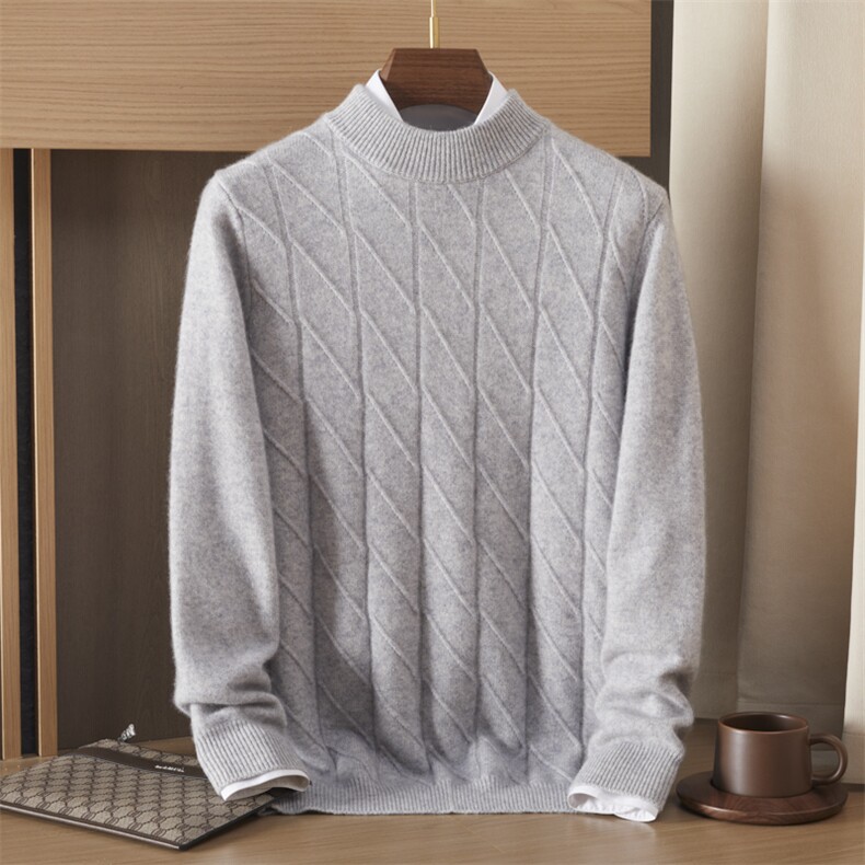 时尚男士羊绒半高领毛衣秋冬新款保暖针织衫经典格纹设计舒适百搭，男装羊绒套衫，绒誉暖羊绒