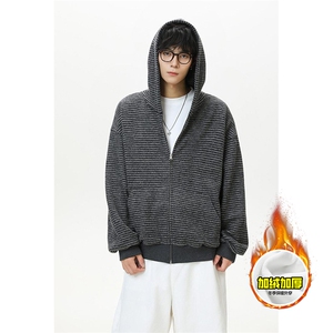 480G重磅加绒硬挺boxy 男女秋冬美式高街条纹毛呢卫衣开衫厚外套图片