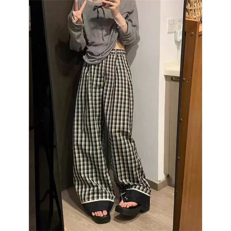 网图现货~英伦风设计感翻边格子条纹休闲裤女直筒阔腿拖地长裤,男装休闲裤,星座601-1