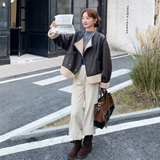 棕色复古皮毛一体皮衣外套女2025冬新款酷飒风双排扣加厚保暖夹克，女装短外套，2B183