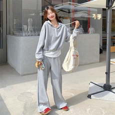 灰色运动套装女2025秋季新款撞色拼接减龄连帽卫衣长裤休闲两件套，女装套装/套裙，2D076