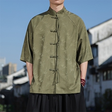夏季新中式风竹叶提花插肩袖手工盘扣短袖唐装立领衬衫30503，男装T恤，星座305A（原312A-1）