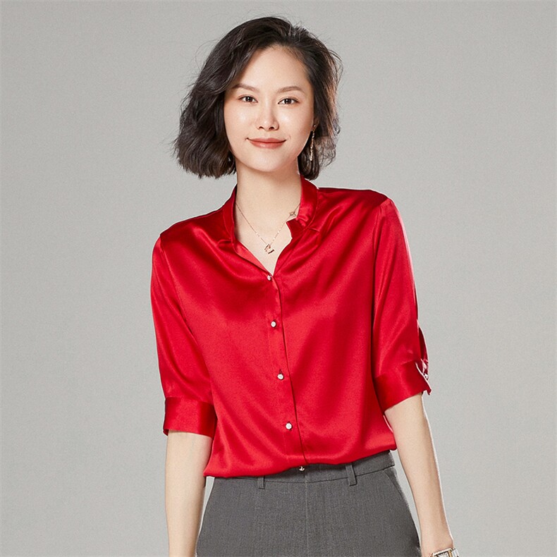 优雅气质减龄小翻领真丝衬衫红色显瘦长袖上衣,女装衬衫,宋氏羊绒