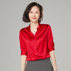 优雅气质减龄小翻领真丝衬衫红色显瘦长袖上衣，女装衬衫，宋氏羊绒