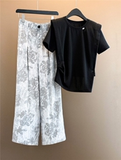 韩版时尚休闲套装女夏新款掐腰显瘦开叉不规则短袖印花长裤两件套，女装套装/套裙，江南