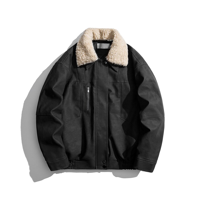 复古做旧可脱卸羊羔毛领大码M-5XL面层PU皮棉衣男77933P138，男装棉衣，星座227-7