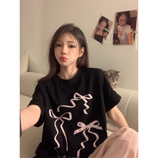 T590-P25黑粉蝴蝶结印花纯棉短袖甜美少女学生百搭T恤，男装T恤，星座617A-2