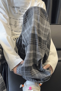 复古格子裤秋季褶皱伞兵休闲裤直筒拖地裤A486特P45控68图片
