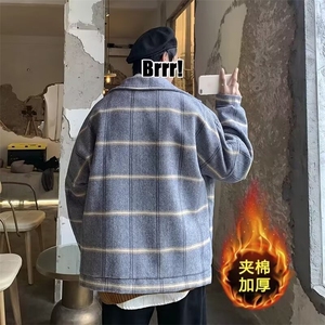 秋冬款加厚呢大衣格子毛呢外套男潮牌痞帅宽松休闲夹棉夹克图片