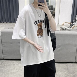 韩系简约小熊印花短袖T恤港风大码宽松男潮517A-1-T915-P28控38图片