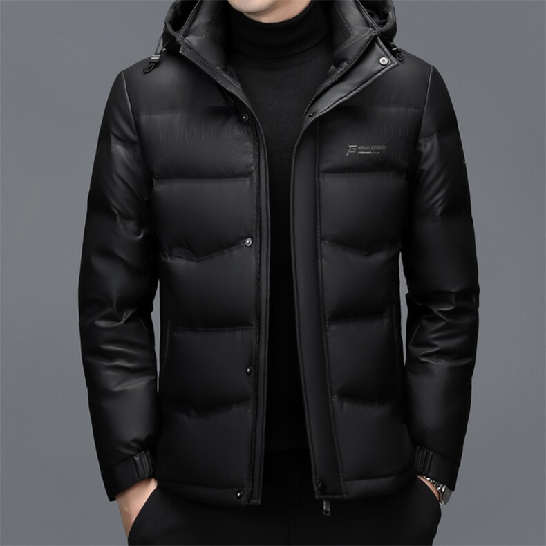 冬款男士白鸭绒羽绒服连帽皮夹克休闲皮衣加绒抗寒保暖皮衣男外套图片