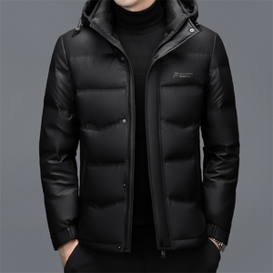 冬款男士白鸭绒羽绒服连帽皮夹克休闲皮衣加绒抗寒保暖皮衣男外套图片