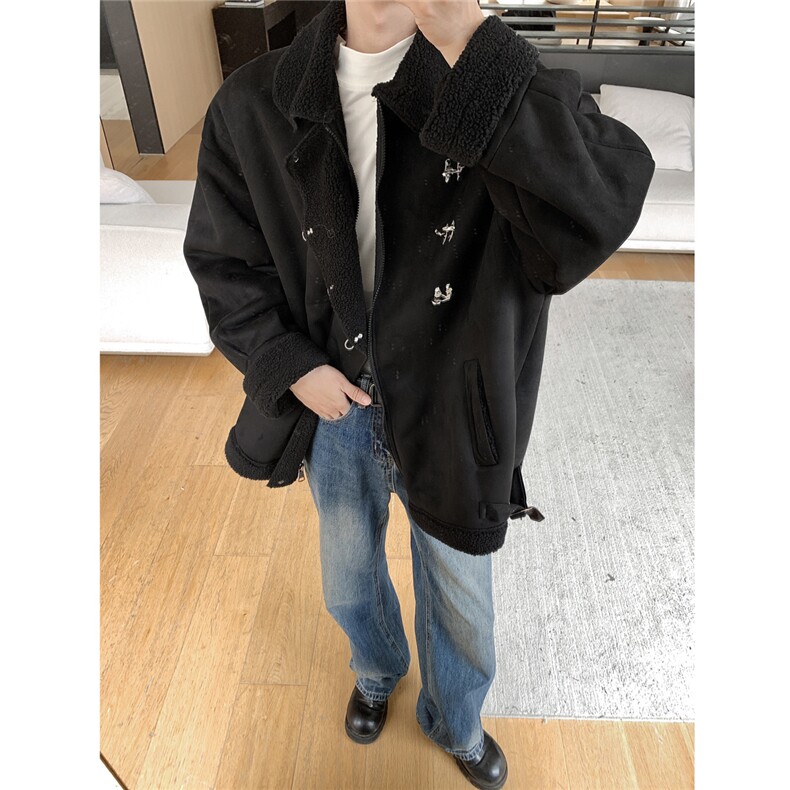 1港风翻领麂皮绒羊羔毛金属飞机扣大码M-5XL棉衣YG77108P135控178，男装棉衣，星座226-2
