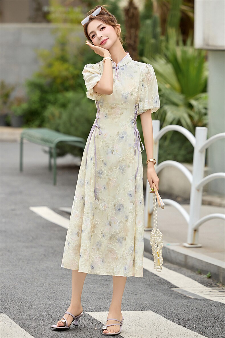 2025年夏季新款中长款新中式民族风旗袍收腰刺绣花连衣裙,女装连衣裙,简韵佳