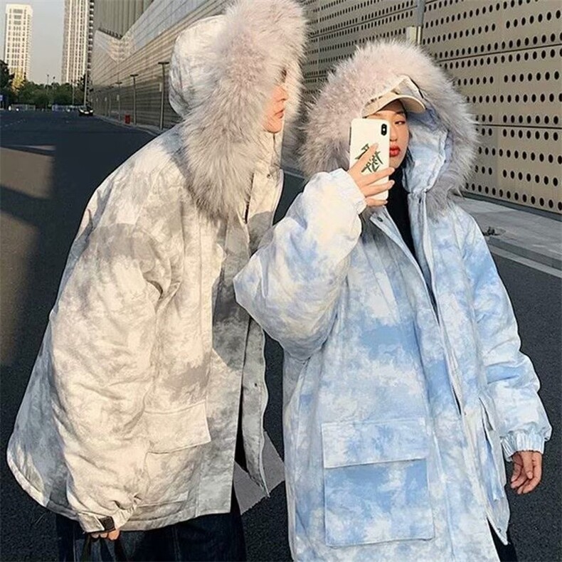 大毛领棉衣男女宽松ins港风情侣棉服冬季扎染棉袄bf学生迷彩外套图片